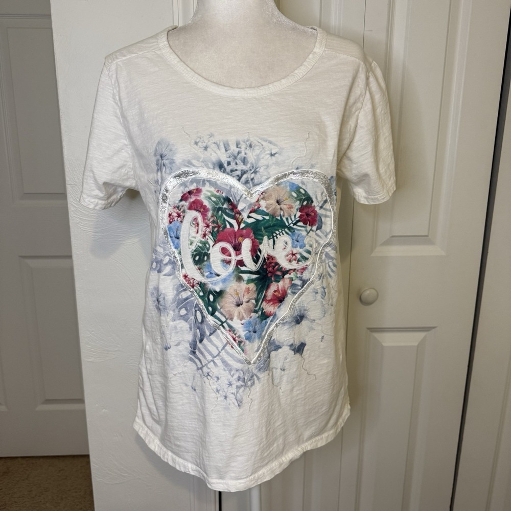 Vintage Fatale Womens Sz M  Cotton T-Shirt White Y2K Graphic Love Made In Italy
